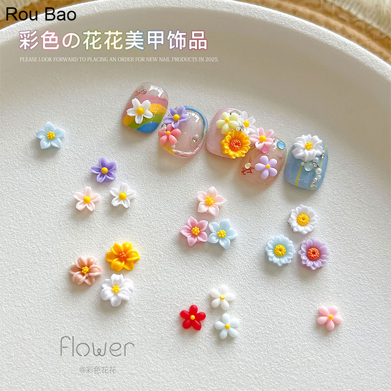 Rou Bao 100 ชิ้นเล็บผสมสีสัน Five-petaled Daisy ดอกไม้ Girly เรซิ่นเล็บ Art DIY Charms ตกแต่ง