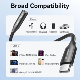 Vention อะแดปเตอร์เสียง USB-C ถึง 3.5 มม. ชิป DAC อะลูมินัมอัลลอยเสียง Hi-Fi สําหรับโทรศัพท์/แท็บเล็ต/แล็ปท็อป