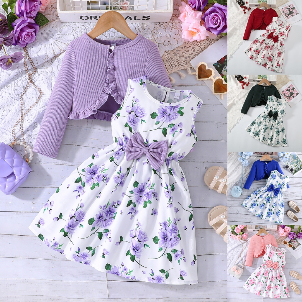 ชุดเด็กผู้หญิง 2-8 ปี เสื้อนอกสไตล์ชาแนลแขนยาว + เดรสแขนกุดลายดอกไม้โบว์ ชุดเซ็ทปาร์ตี้วันเกิดหลายสี