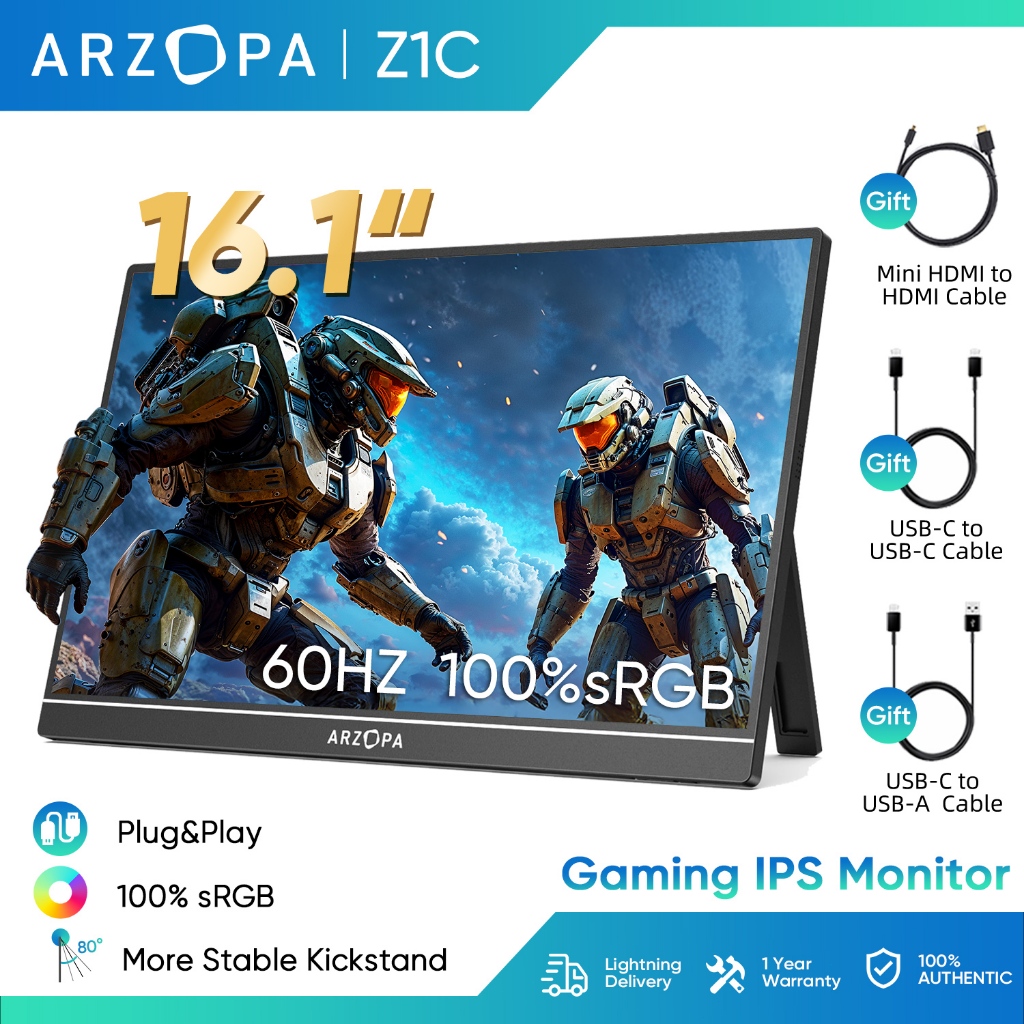 Arzopa Z1C - 16.1 "100% sRGB Kickstand Portable Monitor, 1080P FHD พร้อม USB C HDMI Monitor Extensio