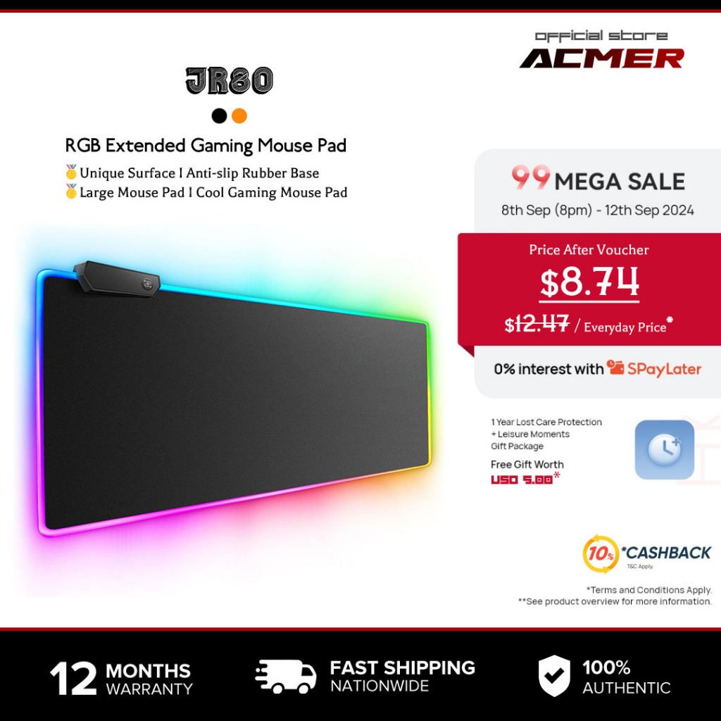 Acmer แผ่นรองเมาส์เกมมิ่งขนาดใหญ่ RGB ขอบปักผ้าผ้าไมโครวีฟคุณภาพสูงฐานกันลื่นเคลือบกันน้ำขนาด 400×900×4มม.