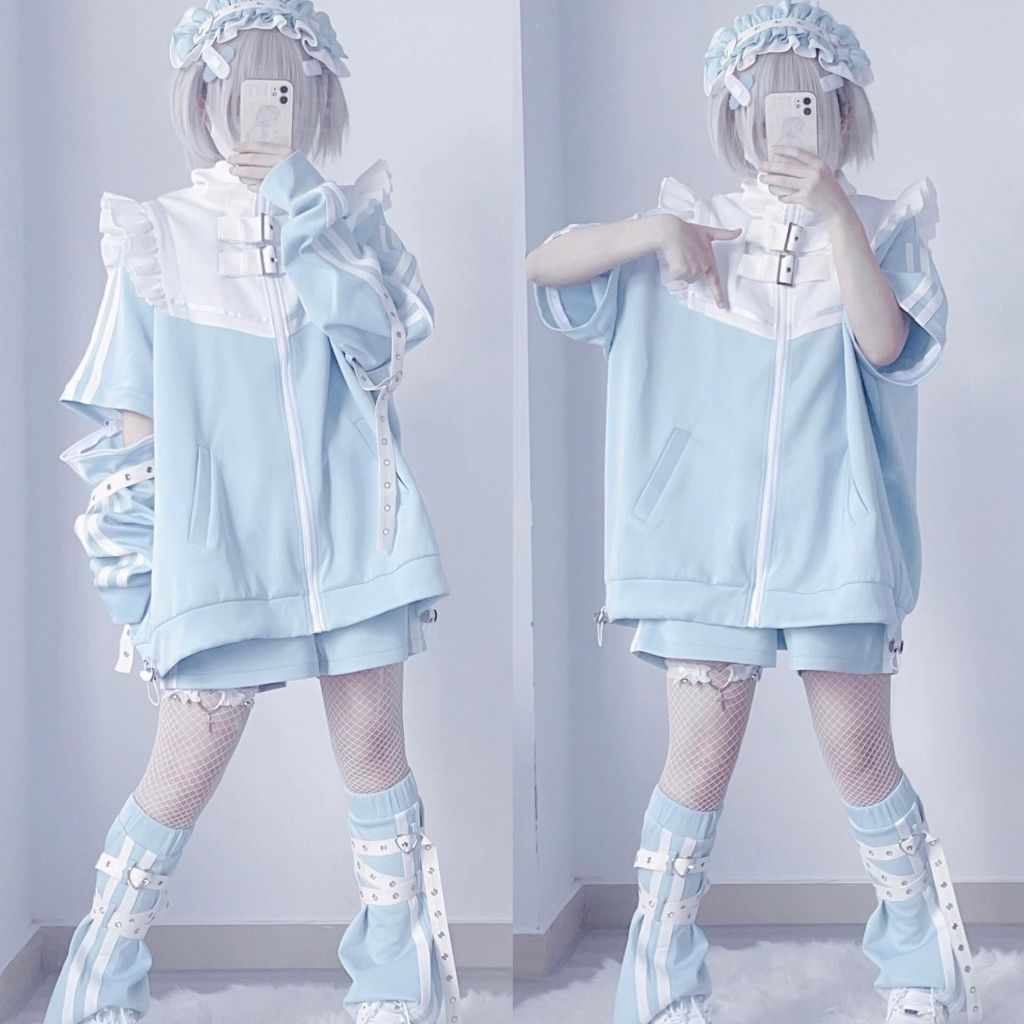 เสื้อแจ็กเก็ต เสื้อแจ็กเก็ต กางเกงขาสั้น Y2k ทรงหลวม แต่งซิป ถอดออกได้ ลายการ์ตูนอนิเมะญี่ปุ่น