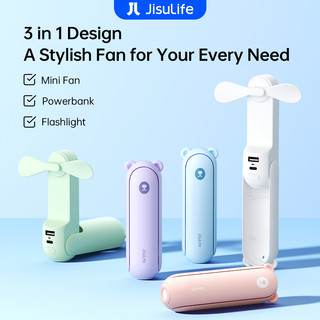 JISULIFE Handheld Fan Life8 Mini Fan Rechargeable Portable That Features Electric Fan Strong Wind Fast Charging with Powerbank and Flashlight Function