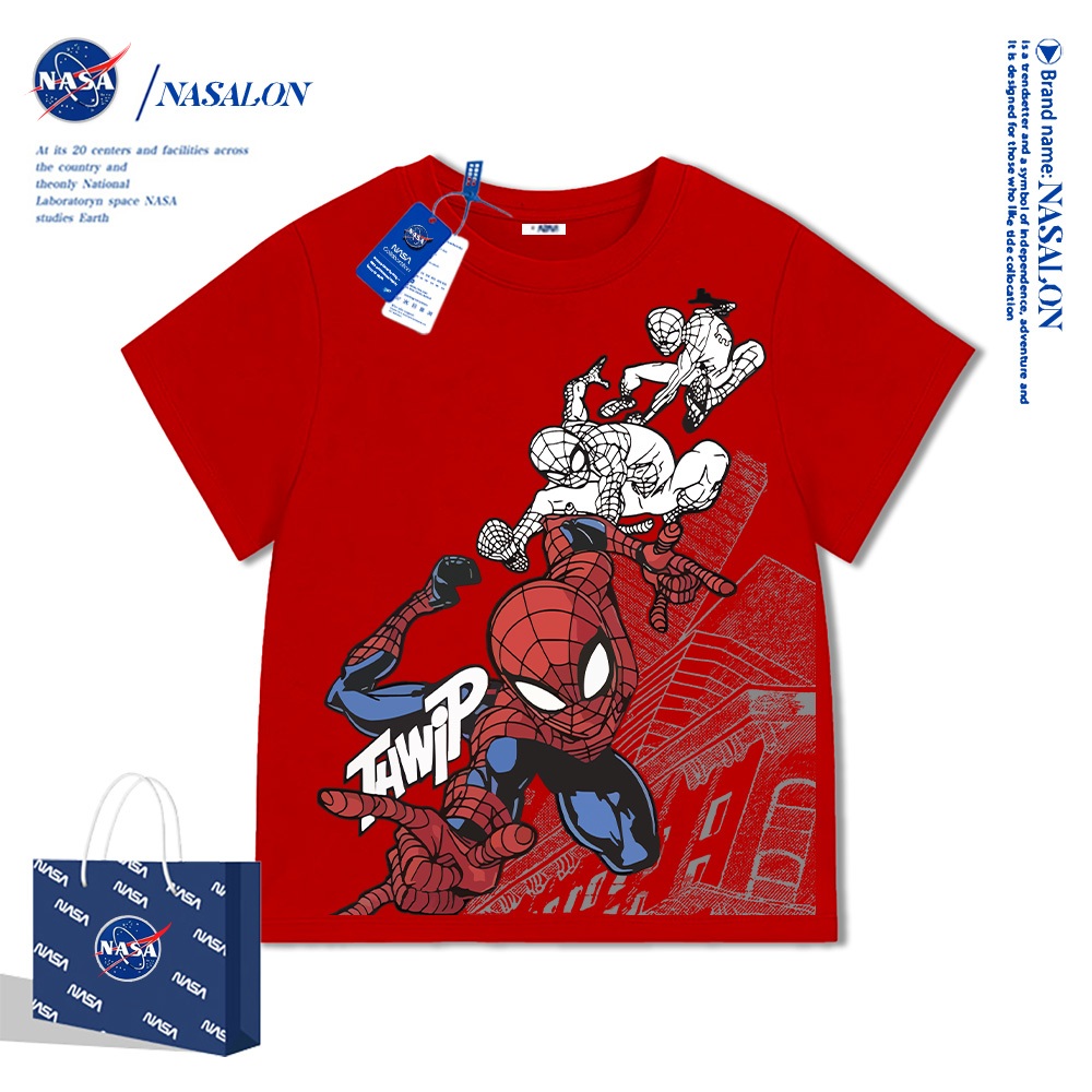 NASA เสื้อยืดเด็กแขนสั้น ลายการ์ตูนสไปเดอร์แมน เสื้อยืดเด็กผู้ชาย cotton 100% นุ่มสบาย สไตล์เกาหลี คุณภาพด