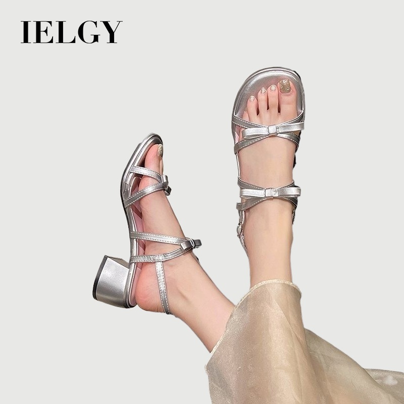 IELGY เงินโบว์ชายหาดตรงหัวเข็มขัดรองเท้าแตะผู้หญิงฝรั่งเศสกับกระโปรง