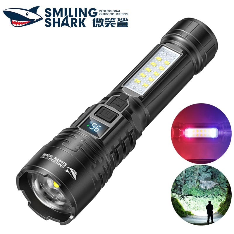 SmilingShark SD5406 ไฟฉาย led ทรงพลัง ด้วยเลนส์ที่กำหนดเอง ไฟคบเพลิง สว่างมาก ค็อบสปอตไลท์ ซูมได้ 4 โหมด ด้วยแสงสีน้ำเงินสีแดง Type-C แบบชาร์จได้ กันน้ำสำหรับการตั้งแคมป์