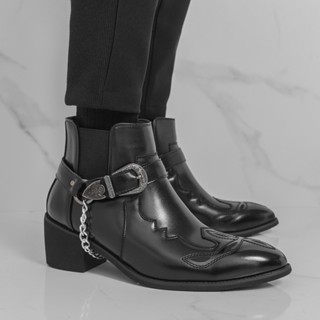 ผู้ชายสีดําคาวบอยรองเท้าย้อนยุคคลาสสิกธุรกิจรองเท้าหนังข้อเท…