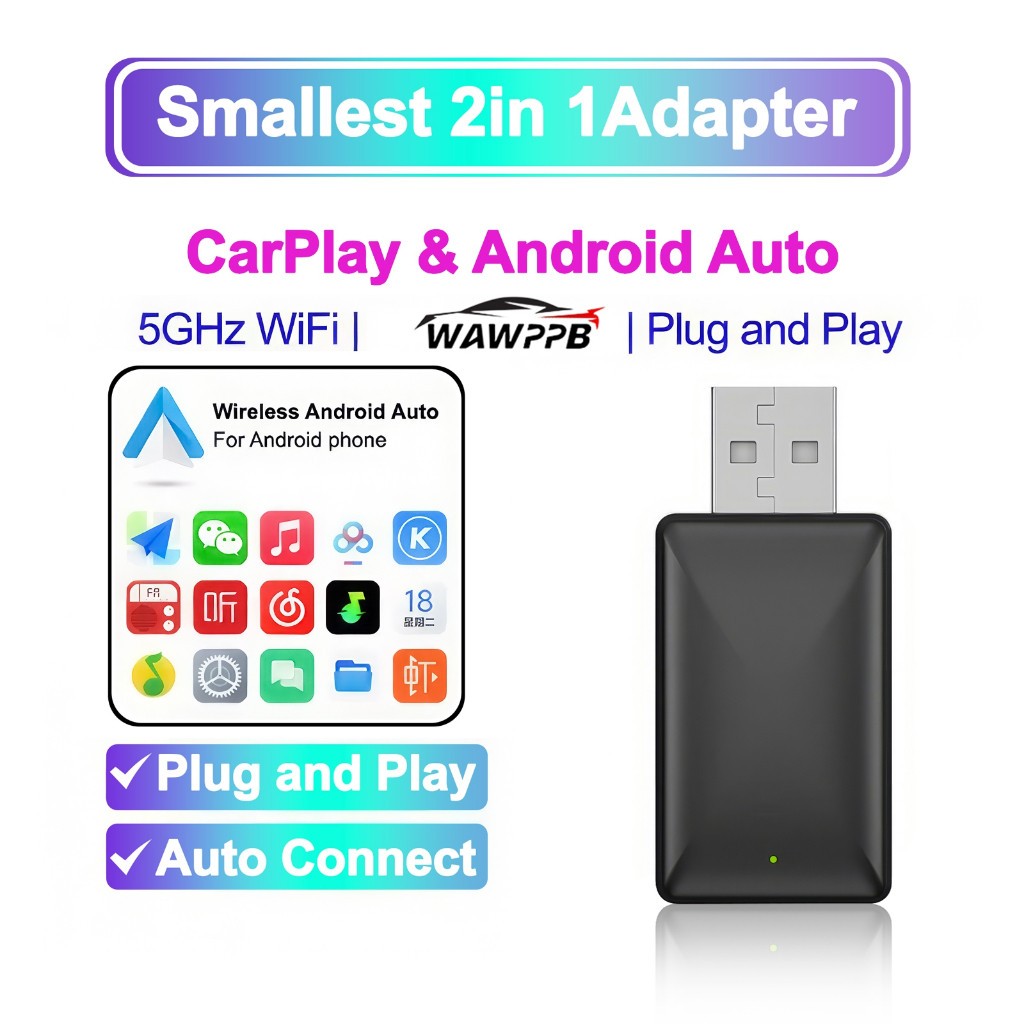 อะแดปเตอร์ Android Auto ไร้สาย CarPlay ไร้สายและตัวรับสัญญาณ Android Auto 2-in-1 Dongle ไร้สายสำหรับ