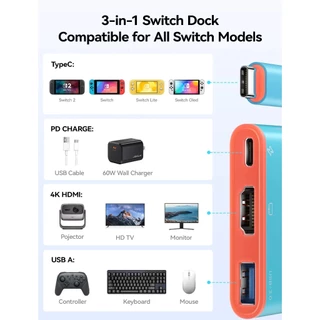 JSAUX Dock Adapter for Switch 2/Switch/OLED สําหรับสวิตช์ 2 Docking Station 3-in-1 USB Type C อะแดปเตอร์ HDMI สําหรับ Nintendo Switch 1/ 2/พอร์ตชาร์จ OLED สําหรับแล็ปท็อปแท็บเล็ต-CV0087 & CV0086&CV0088