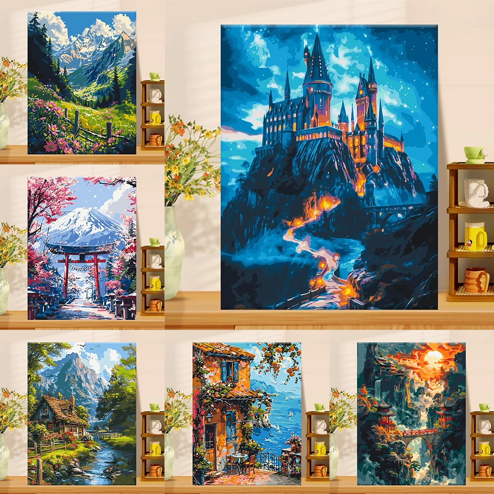 【พร้อมกรอบ】Drofe/ระบายสีตามตัวเลข/ปราสาทฮอกวอตส์/ภาพวาดสีน้ํามันดิจิทัล/ภาพวาด DIY/ภาพวาดผ้าใบ/ภาพวาดสีน้ํามัน/ภาพระบายสีตามตัวเลข/การตกแต่งห้อง/ของขวัญวันแม่