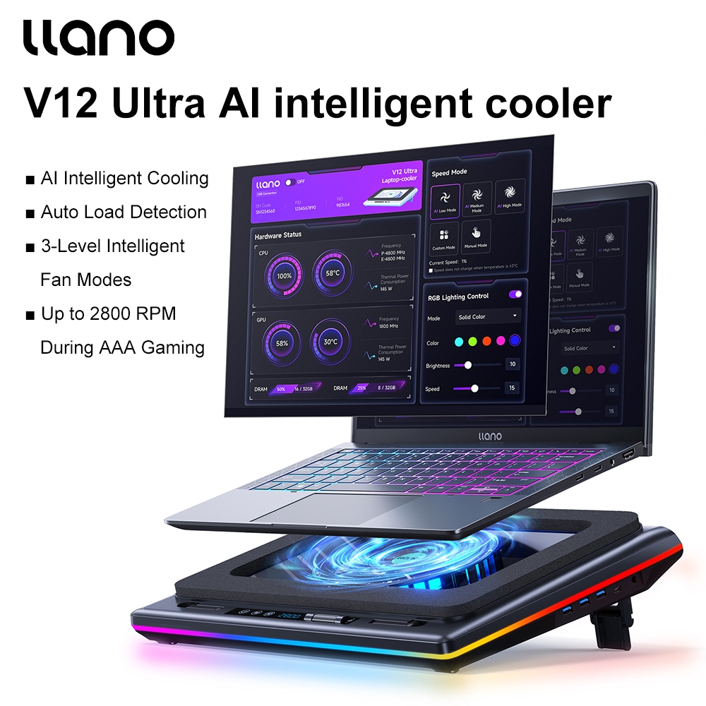 llano V12 Ultra AI ควบคุมอุณหภูมิอัจฉริยะแล็ปท็อปอัดอากาศหม้อน้ําเล่นเกมแล็ปท็อปยืนฐานความเร็วลมสูงร