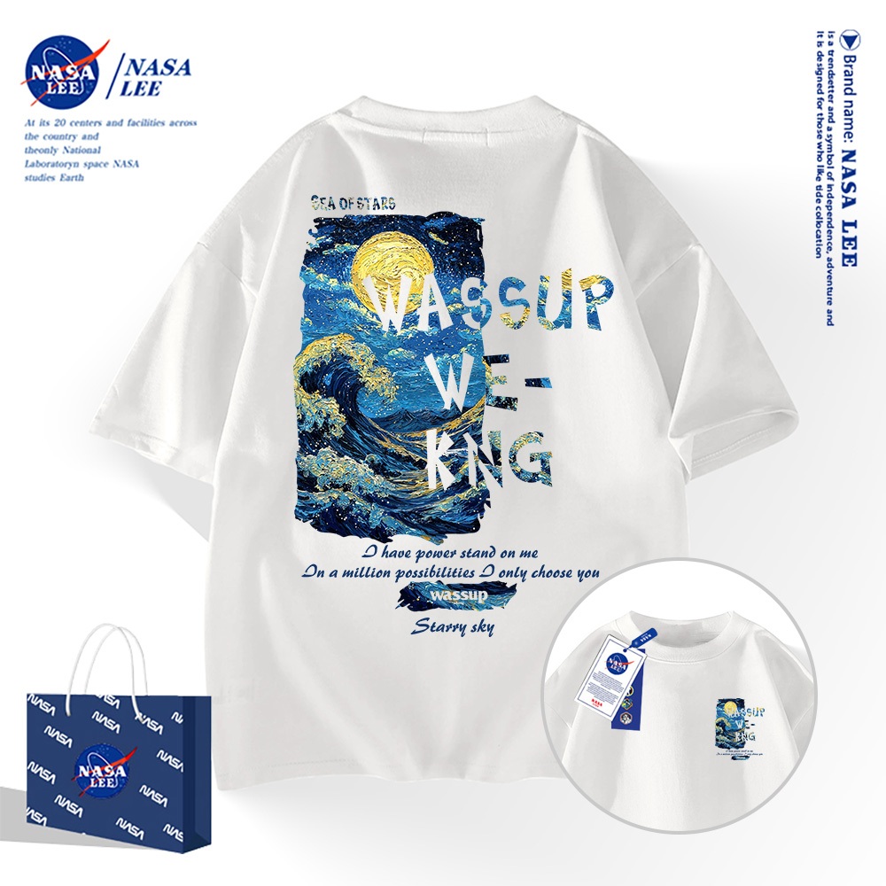 【จัดส่งภายในวันเดียว】เสื้อยืด NASA ผ้าฝ้ายระบายอากาศดี ลายคลื่นและดวงจันทร์ แฟชั่น unisex สไตล์ไทย