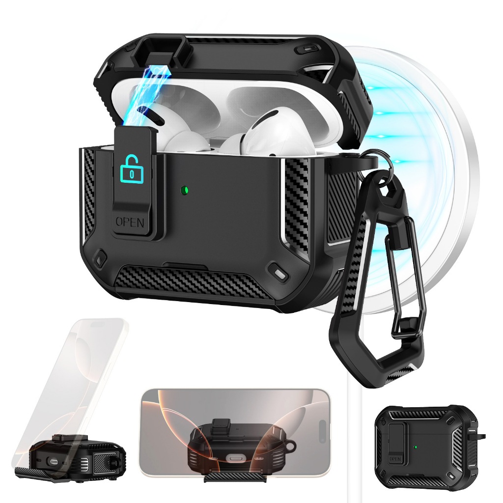 กันกระแทกระดับพรีเมียมสําหรับ airpods pro2/ สําหรับ airpods4 Cover | ขาตั้งเมาท์แม่เหล็ก, คลิปหนีบเดินป่าแบบพกพารวม, ขอบกันชนที่ทนต่อการตก