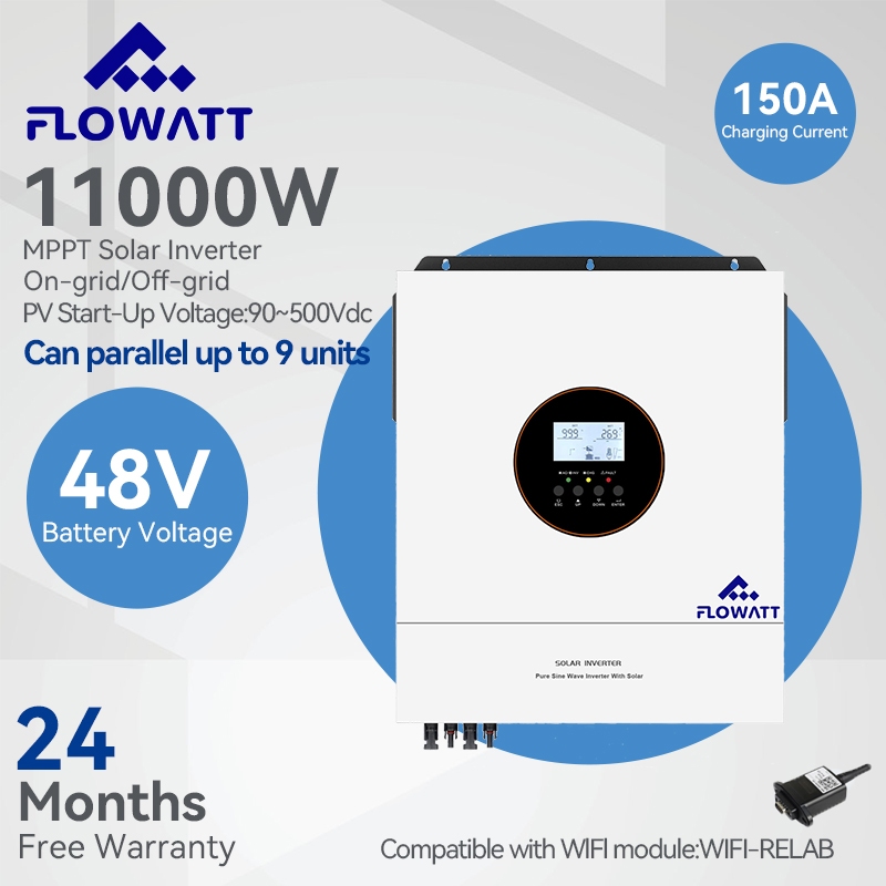 Flowatt MPPT 11KW Hybrid Inverter 500Vdc Pure Sine Wave Inverter ในตัว 150A MPPT Solar Charger Contr