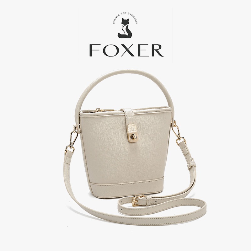FOXER กระเป๋าช่องเดียว สำหรับผู้หญิง ทรงถัง ทรงถัง สีทึบ แฟชั่น เรียบง่าย ดีไซน์หลายกระเป๋า