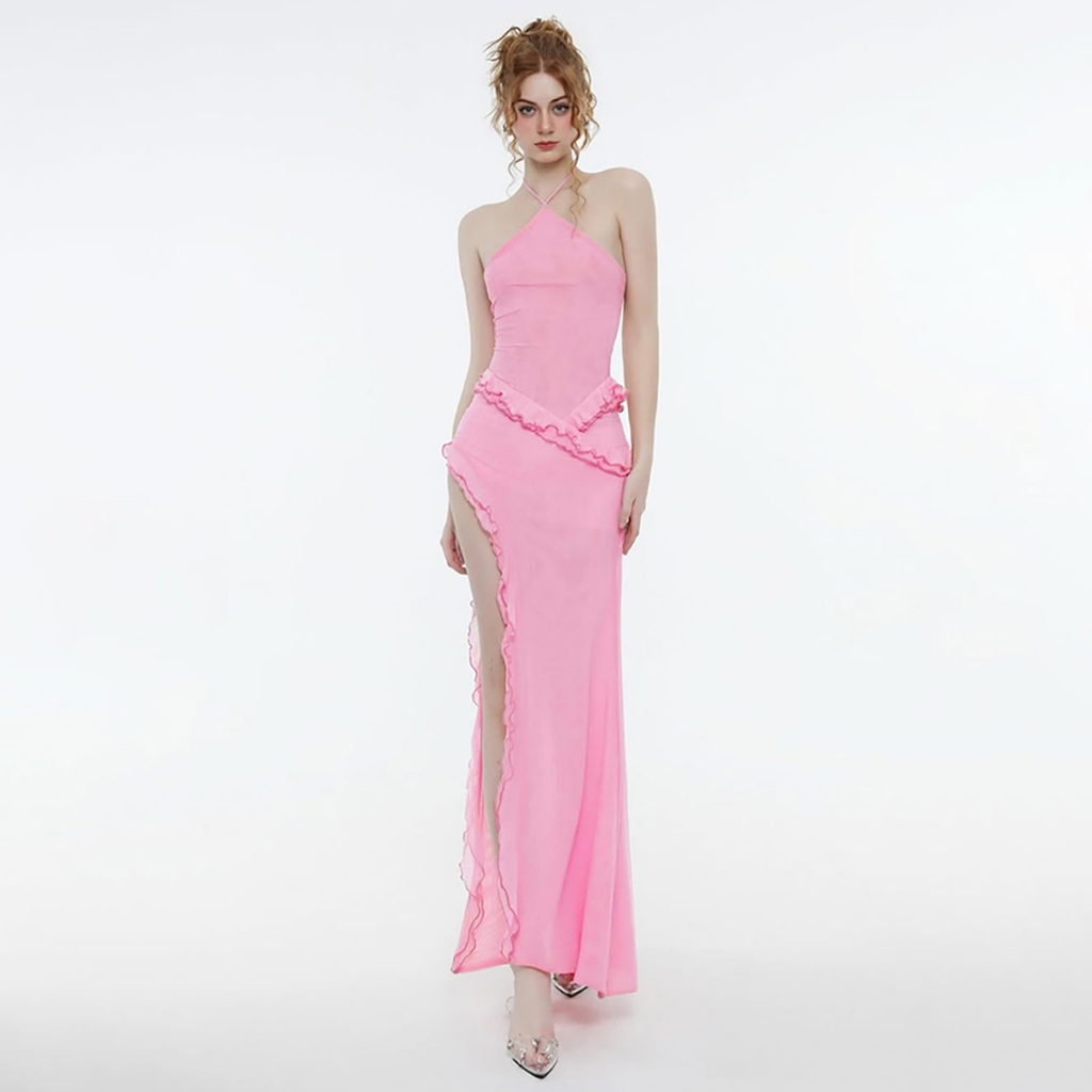 แปลก Puss Solid Halter ชุดเดรสปิดไหล่ Ruffles Patchwork Backless ดูผ่านสะโพก-Covering ด้านข้าง Slit ผู้หญิงสบายๆแฟชั่นเซ็กซี่สไตล์อเมริกัน