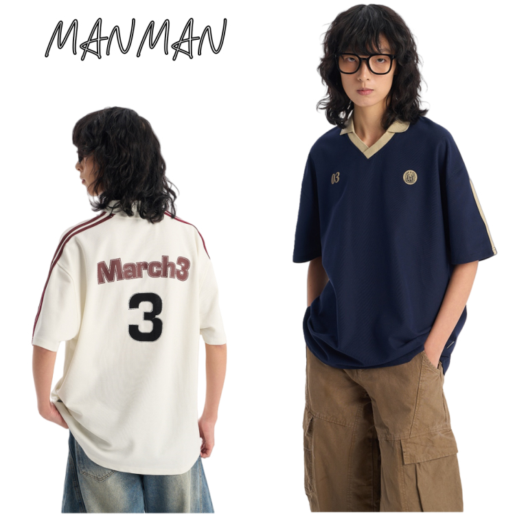 M & M แขนสั้นวินเทจสไตล์อเมริกัน เสื้อผ้าผู้ชายแฟชั่น คอวี ยอดนิยม แมทช์ลุคง่าย Oversize