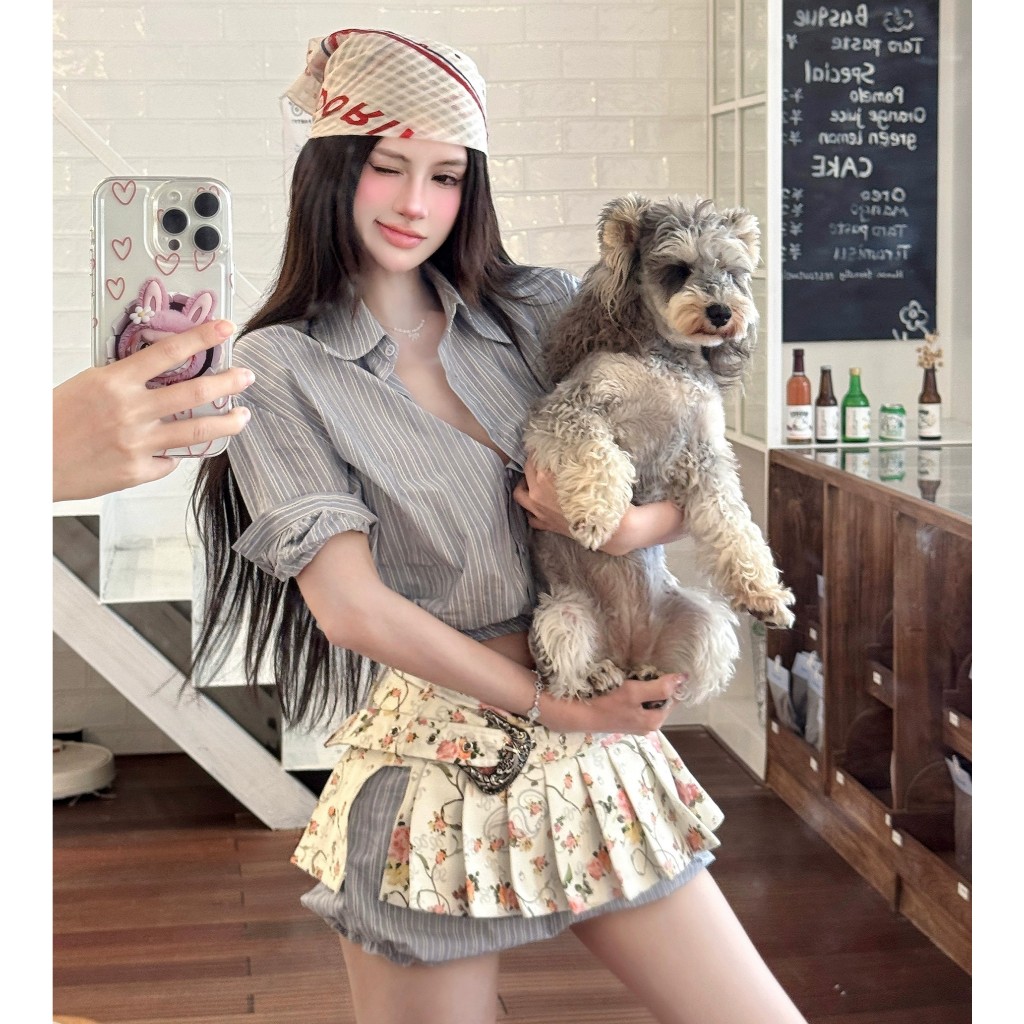 ชุดสูทผู้หญิงสไตล์เกาหลีฤดูร้อน ลายเสื้อและเอวสูงพิมพ์กระโปรงจีบ