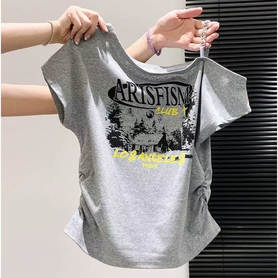 เสื้อยืดแขนสั้นพิมพ์ลายอักษรปิดไหล่ สไตล์อเมริกันสำหรับผู้หญิง ทรงเพรียวบาง