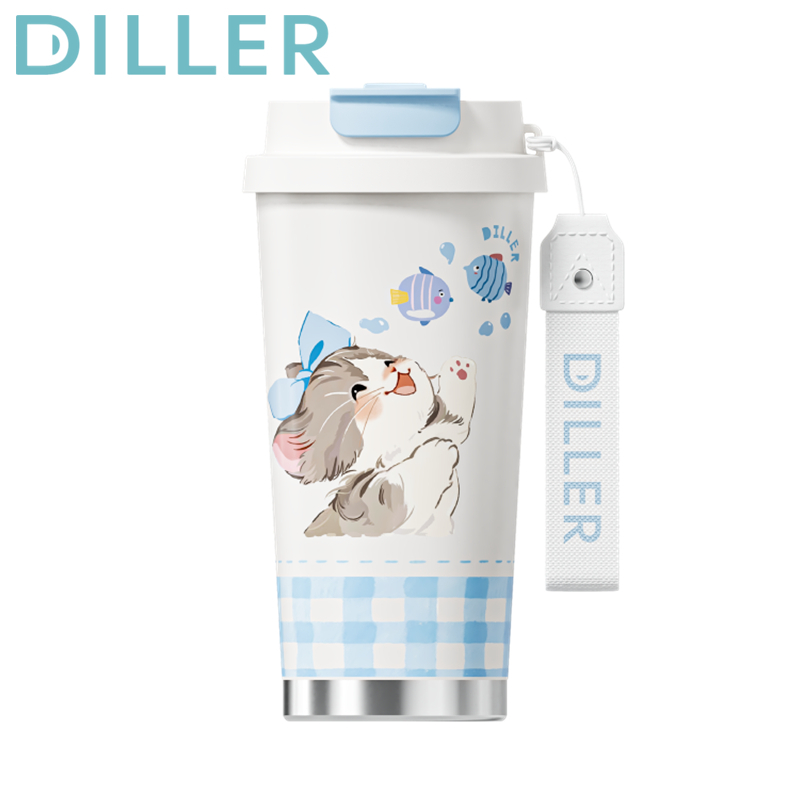 Diller Cat Tumbler Thermos Mug 316L สแตนเลสสูญญากาศถ้วยกาแฟขวดน้ํา 520ml D9405