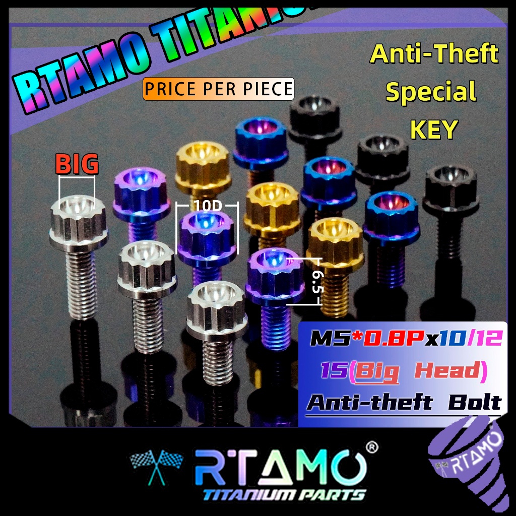 RTAMO ไทเทเนียม Gr5 Anti-theft Bolt M5x10 12 15 20 12Points หัว 10D 6.5H พวงมาลัยล้อ Bolt