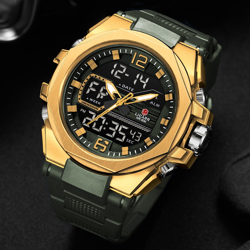 ลิคาร์ แบรนด์ชั้นนําแฟชั่นนาฬิกาผู้ชายปลุกปฏิทินแสงกีฬากันน้ํานาฬิกาลําลอง9542