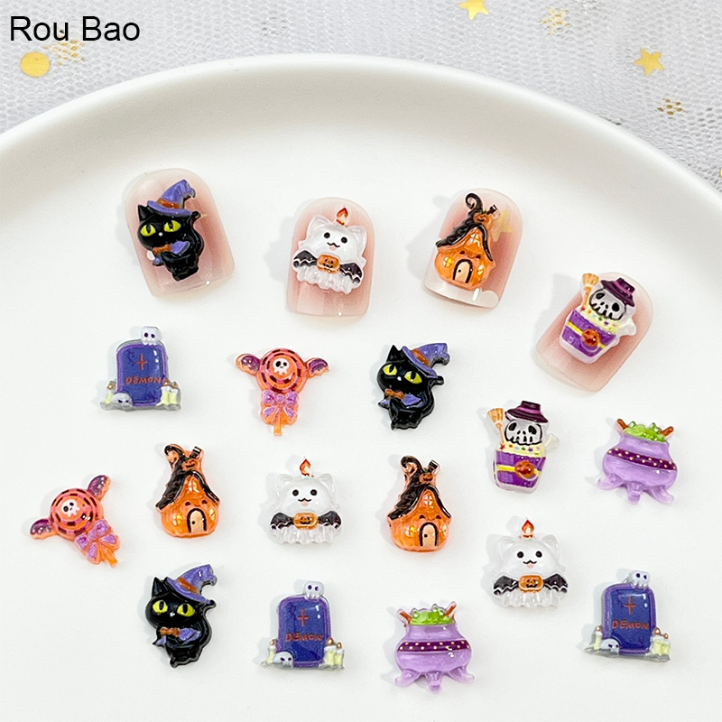 Rou Bao 50 ชิ้นเล็บฮาโลวีน Ghost Black Cat Gravestone การ์ตูนเรซิ่นเล็บ Art DIY Charms ตกแต่ง