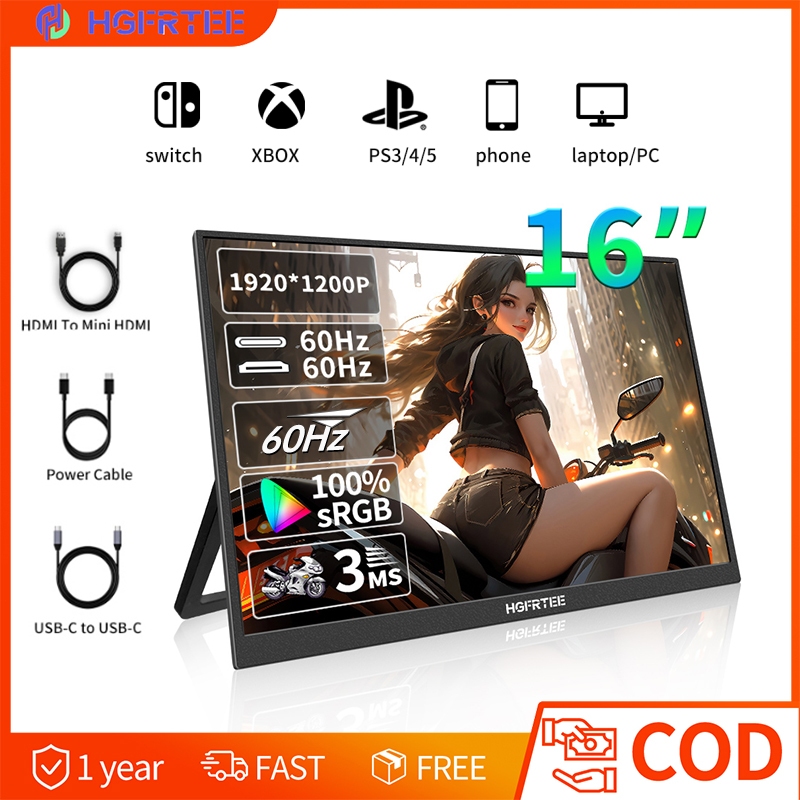 HGFRETEE 16 inch 1200P portable monitor 100Hz Gaming 100% sRGB Viewing แล็ปท็อปหน้าจอ Extender สําหร