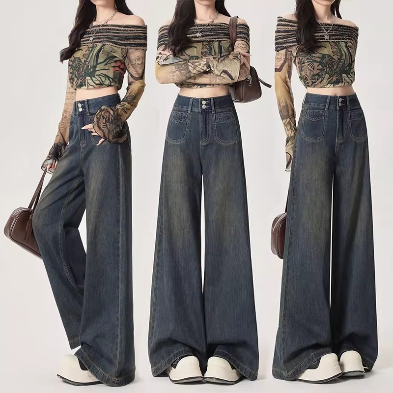 S~5XL Baggy jeans Long pants for women Retro Denim กางเกงยีนส์ทรงหลวมเอวสูง สไตล์วินเทจ สำหรับผู้หญิง มีไซส์ใหญ่และกระดุมHOT