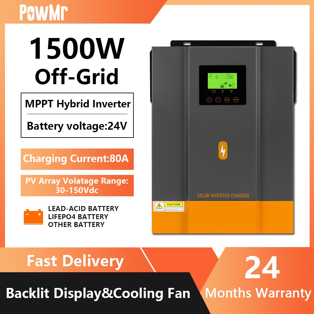 Powmr 1.5KW 24V Hybrid Solar Inverter 230Vac PV เริ่มต้นแรงดันไฟฟ้า 30Voc ในตัว 80A MPPT Solar Charge Controller 50/60Hz Auto Pure Sine Wave อินเวอร์เตอร์
