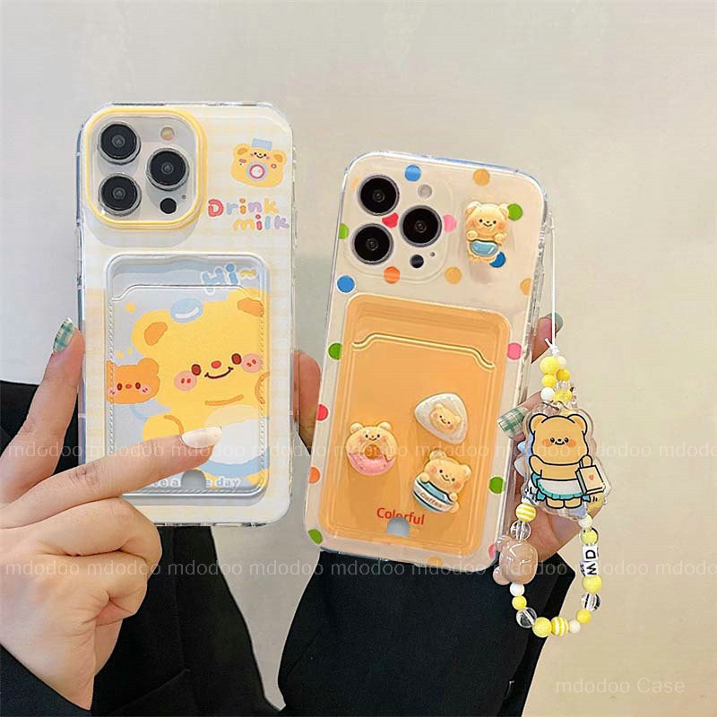 เคส for Samsung Galaxy A56 A36 A26 A16 A15 A14 A13 A04S A55 A54 A53 A52 A35 A34 A33 A32 Lite A25 A24 A23 A72 A73 A52S 4G M32 5G Cute Cartoon Butter Bear Shockproof Card bag with Starp Tpu Soft Phone Case KBK 01