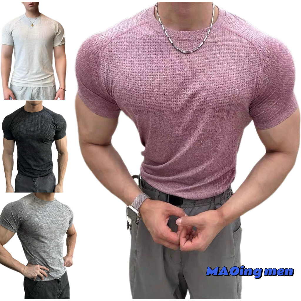 【MAOINGMEN】เสื้อกีฬาแขนสั้นสำหรับผู้ชายแบบไม่มีรอยต่อ การระบายความชื้นเร็ว เหมาะสำหรับการฝึกซ้อมและฟิตเนสสไตล์อเมริกันที่กระชับพอดิบพอดี