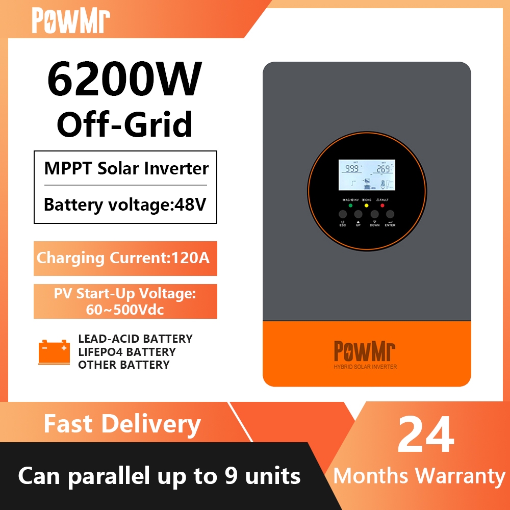 PowMr 6.2KW Hybrid Solar Inverter 500Vdc รองรับ 48V Lifepo4 แบตเตอรี่สามารถขนานสูงสุด 9 หน่วยในตัว 1