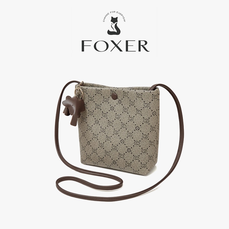 FOXER กระเป๋าทรงถังสุภาพสตรีทําจากหนังแท้ที่ทนต่อการสึกหรอแม่เหล็กดูดเปิดและปิด