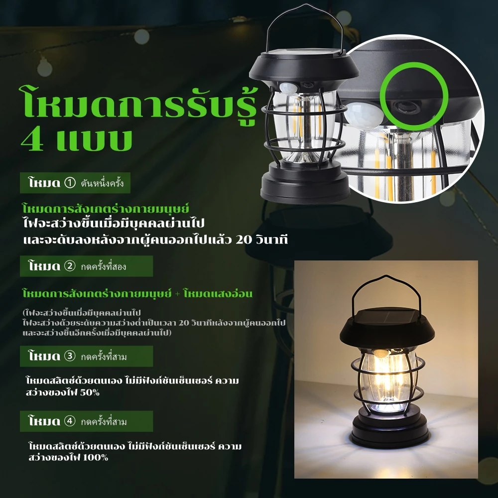 SEEDIQ ไฟแคมป์ปิ้งโซล่าเซลล์ 3 โหมด Solar and USB Rechargeable ดีไซน์ย้อนยุค แสงสว่างฉุกเฉิน thumbnail 8