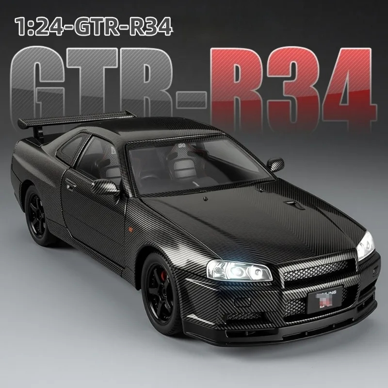 รถDiecast 1:24 Nissan GTR R34 JDM GTRรถสปอร์ต SKY LINEคาร์บอนไฟเบอร์modelToyรถรุ่นDiecast Racing Miniatureรุ่นเสียงและแสงดึงกลับคอลเลกชันของขวัญเด็ก