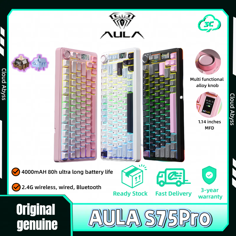 AULA S75 Pro คีย์บอร์ดไร้สาย 75% Hot swap RGB GASKET คีย์บอร์ดเกมที่กําหนดเองพร้อมลูกบิดหน้าจอ