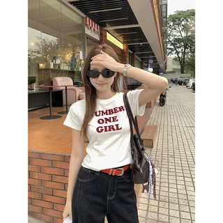 Hotgirl พร้อมส่ง✨เสื้อครอป เสื้อยืดสีขาวผู้หญิงY2K พิมพ์ลายตัวอักษรแฟชั่น คอกลม สีพื้น สไตล์สลิมฟิต สไตล์เกาหลีหวานๆ ความนิยมins