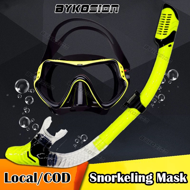 BYKOSION แว่นตาดำน้ำ หน้ากากดำน้ำ พร้อมท่อหายใจ แว่นตาว่ายน้ำสำหรับดำน้ำมุมกว้างพร้อมระบบหายใจแบบแห้ง Scuba Snorkeling Mask
