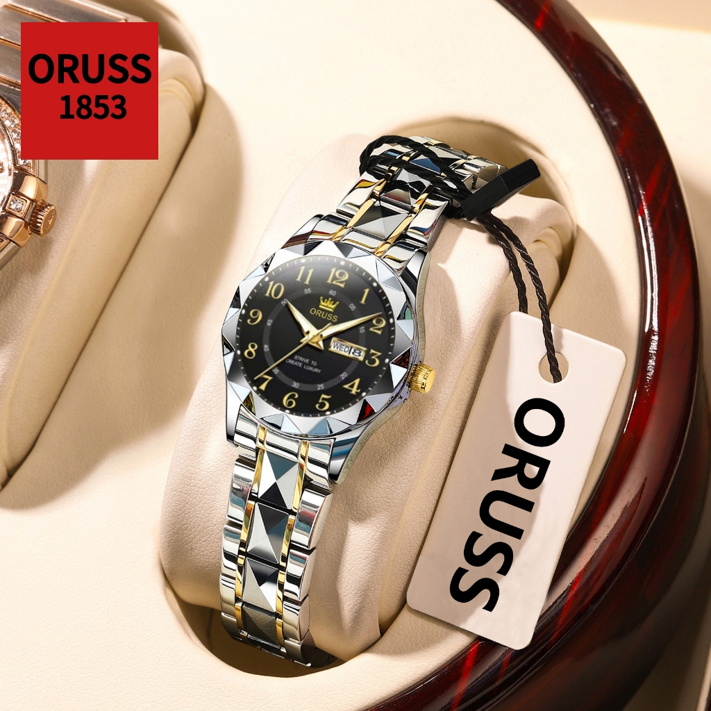 ORUSS รัส ต้นฉบับหญิงหรูหราแฟชั่นสแตนเลสกันน้ําปฏิทินคู่ส่องสว่างนาฬิกาขนาดเล็กธุรกิจเกาหลีรุ่นควอตซ์นาฬิกาข้อมือ