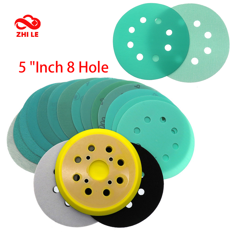 5นิ้ว8หลุมสีเขียวโพลีเอสเตอร์ฟิล์มตะขอห่วงแห้งเปียกแผ่นขัดแก้วกระดาษทรายจานขัดวงโคจรทรายแผ่นกระดาษไม้บดโลหะซานเดอร์บดเครื่องมือ เลีย