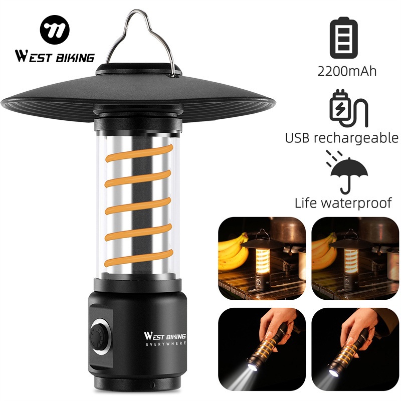 WEST BIKING โคมไฟสปอตไลท์ LED แบบพกพา ชาร์จไฟได้ กันน้ํา สําหรับตั้งแคมป์ เต็นท์ เดินป่ากลางแจ้ง