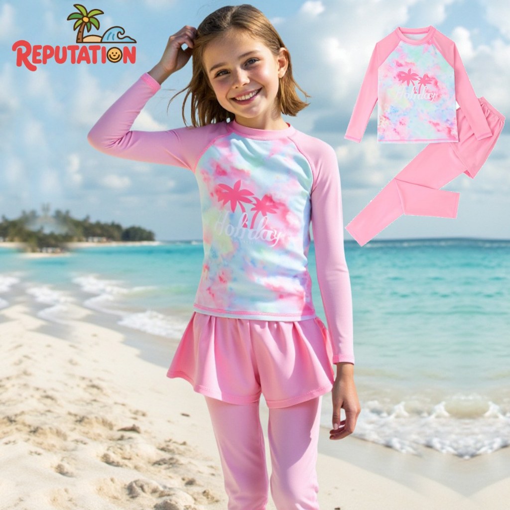 R REPUTATION เวอร์ชั่นเกาหลีแขนยาวชุดว่ายน้ําเด็กใหญ่ของเด็กผู้หญิง 5-12 ปีชุดว่ายน้ําสองชิ้น Smudge