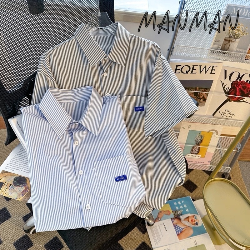 M＆M เสื้อเชิ้ตลายทางสำหรับผู้ชาย สีต่อ เรียบง่าย มีสไตล์ แบบหลวม ใส่ได้ทั้งชายและหญิง