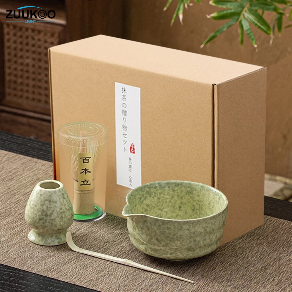 ZUUKOO ชุดชงชาญี่ปุ่น ชุดชามมัทฉะ 4ชิ้น ถ้วยชงมัทฉะ ถ้วยชงชาเขียว แปรงชงชา ที่ใส่มัทฉะ