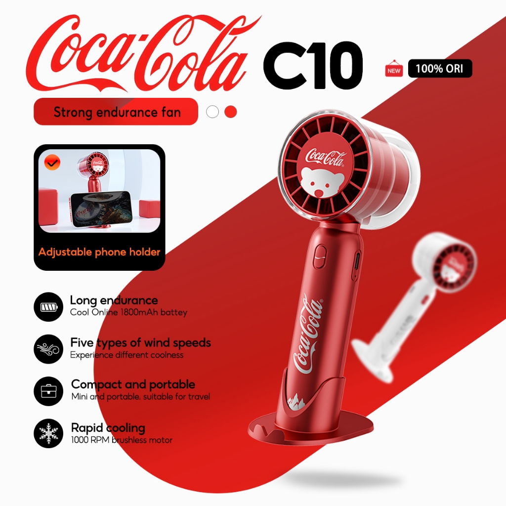 Coca-Cola C10 พัดลมมือถือมินิแบบพกพาชาร์จพัดลม USB 5 เกียร์ลมแรงเหมาะสําหรับฤดูร้อนกลางแจ้ง Camping Ultra-Quiet อายุการใช้งานแบตเตอรี่ยาวนาน