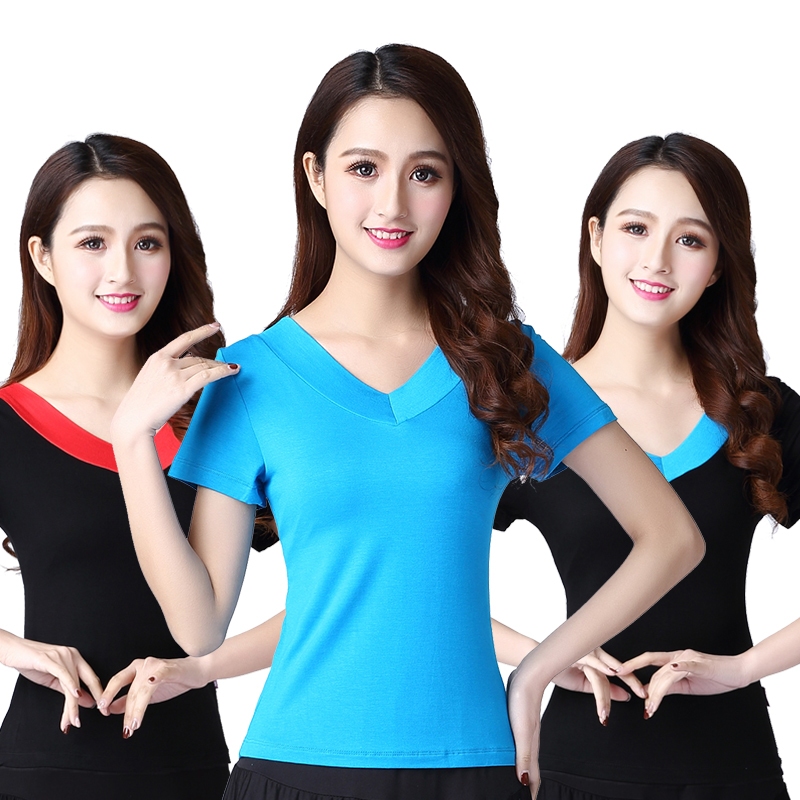 ผู้หญิงคอวีแขนสั้นด้านบน Zapin ยืด Slim-fit สบายๆกีฬา Joget Dance การฝึกอบรมเสื้อยืดชุดโยคะ