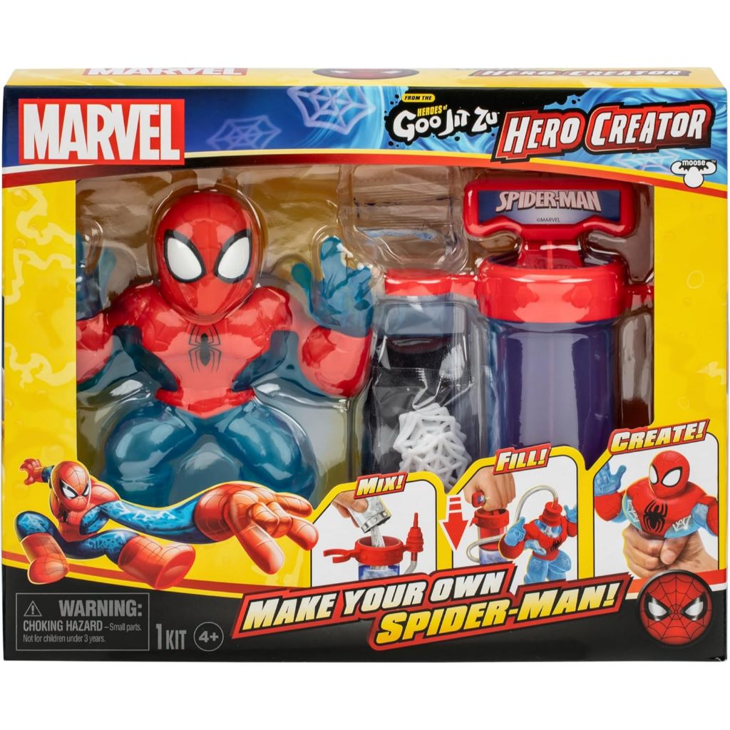 Heroes of Goo Jit Zu Marvel Hero Creator Spider-Man พร้อมไส้ Goo ไม่ซ้ําใคร 3 อัน, ผสม, เติมและสร้างฮีโร่สไปเดอร์แมนยืดของคุณเองของ Goo JIT Zu Action Figure, Mix, เติมและสร้าง