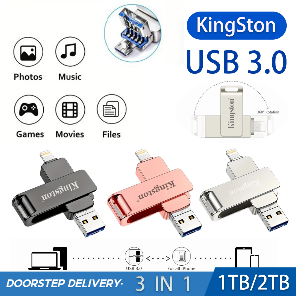 Kingston แฟลชไดรฟ์ Usb 3.0 1TB/2TB 3 in 1 OTG โลหะ กันน้ํา ความเร็วสูง สําหรับ U Disk Pendrive สําหร