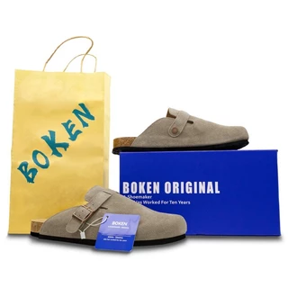 BOKEN รองเท้าแตะรองเท้าแตะ Mules ผู้ชายผู้หญิงกลางแจ้งชายหาดแบนคลาสสิก Casual Soft Suede Cork Clogs Baotou สีเทา